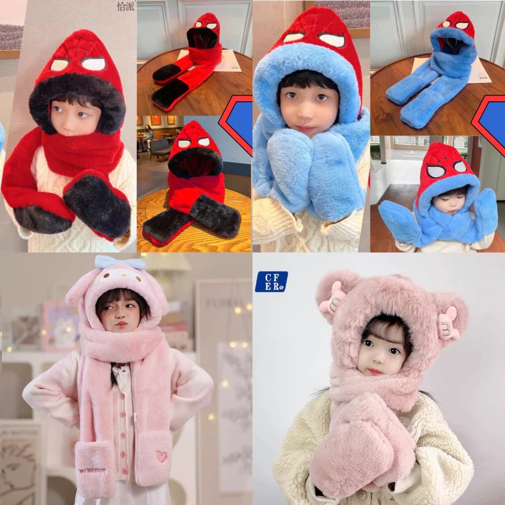 Mũ trùm đầu, mũ len kèm khăn choàng cổ họa tiết SIÊU NHÂN NHỆN, hàng cao cấp