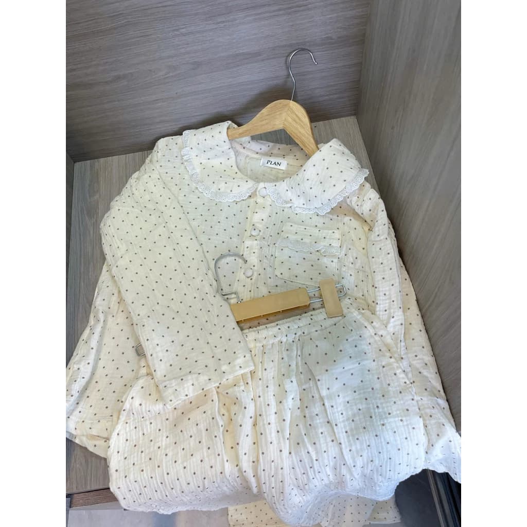 xô muslin chấm bi nâu.cổ sen  ren tay dài quần dài, Tay ngắn quần dài, mềm.thoải mái.có thêm riêng  lưng thun cho mẹ bầu