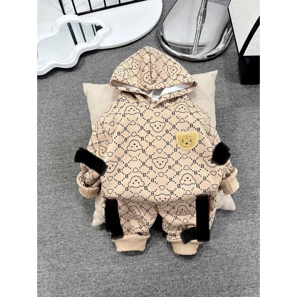 BỘ NỈ CÓ MŨ DÁN GẤU DA CÁ CHO BÉ 6-18KG