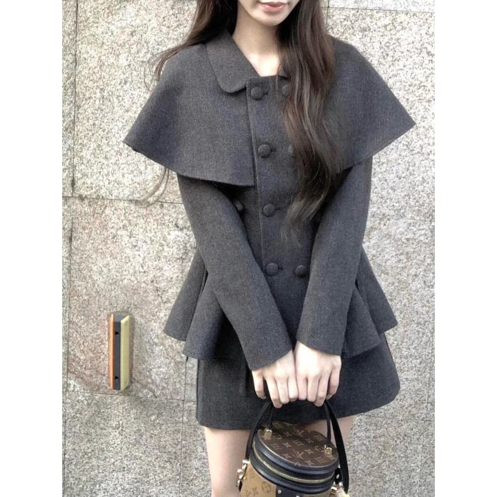 Set Áo Khoác Cape Nữ + Chân Váy Cạp Cao, Set Dạ Tiểu Thư Hàn Quốc Thu Đông