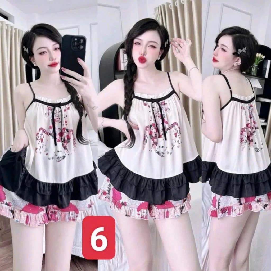 Set Cute 2 Dây BabyDoll L2 - Đồ Bộ Ở Nhà Xinh Lụa Latin Họa Tiết Hoa Bướm Dáng Xòe Dễ Thương Size 40-75kg