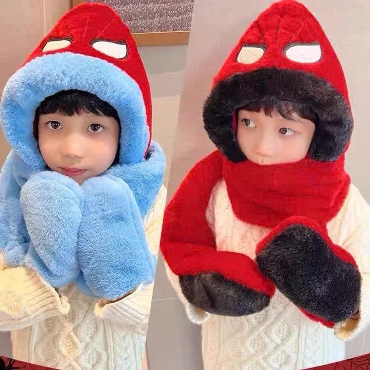 Mũ trùm đầu, mũ len kèm khăn choàng cổ họa tiết SIÊU NHÂN NHỆN, hàng nhập khẩu QC