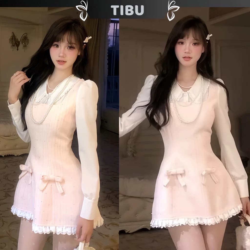 Set Đầm Yếm Hồng Viền Bèo Phối Áo Sơ Mi Tay Dài TIBU Set Đầm Nữ Sang Chảnh Đi Chơi Dạo Phố Dự Tiệc B662