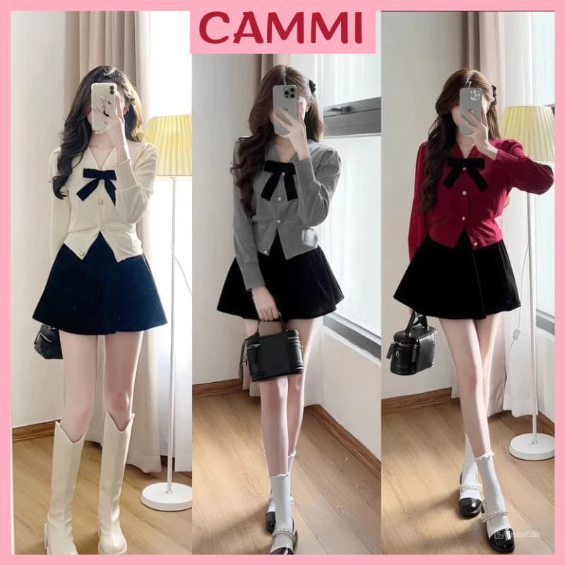 Set áo thun tăm viền khuy vàng kèm chân váy xếp ly có quần bảo hộ,set bộ đồ nữ, set áo váy HB866