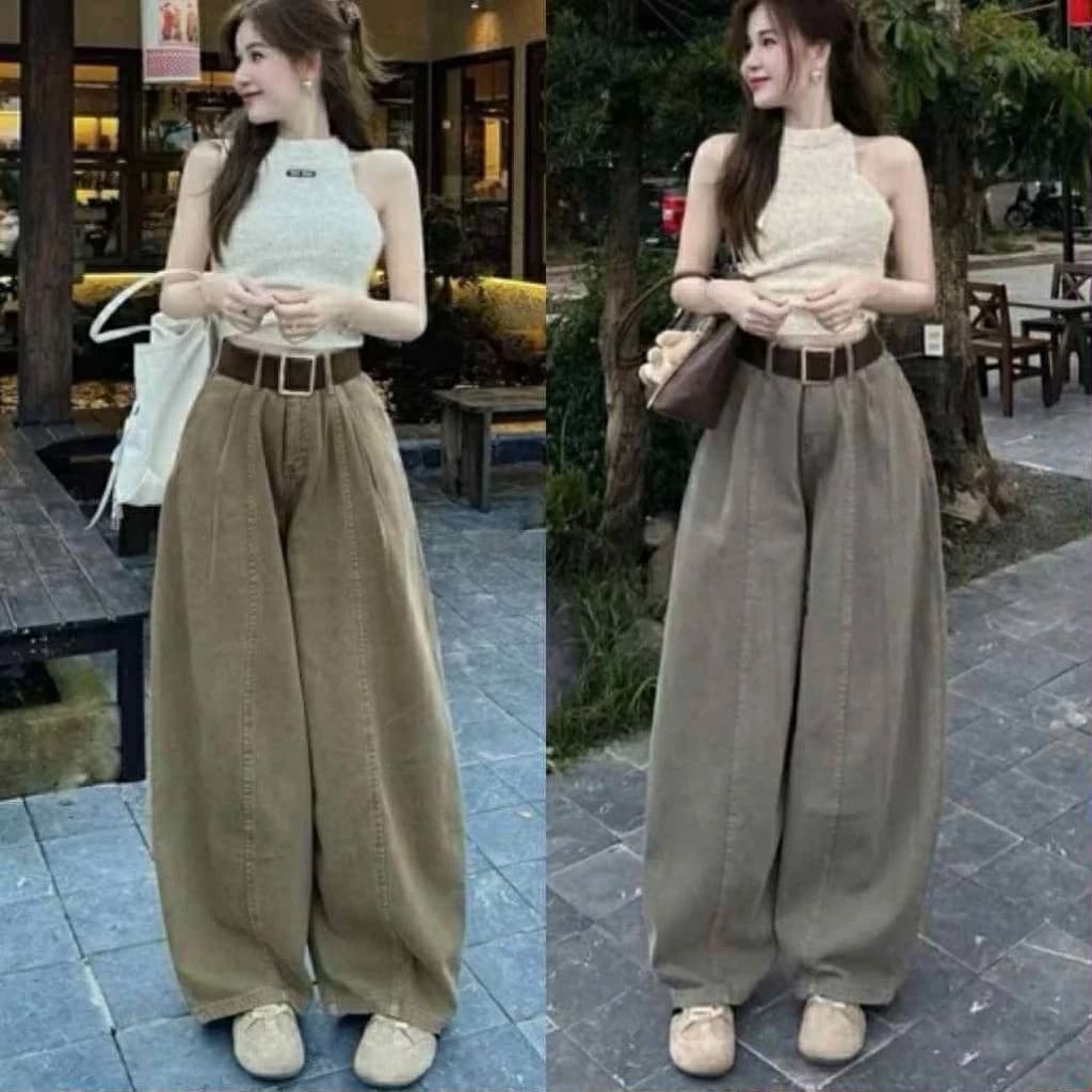 ( Tặng dây đai) Quần bò dáng thụng may li eo trước lưng cao gân giữa 2 màu basic tôn dáng