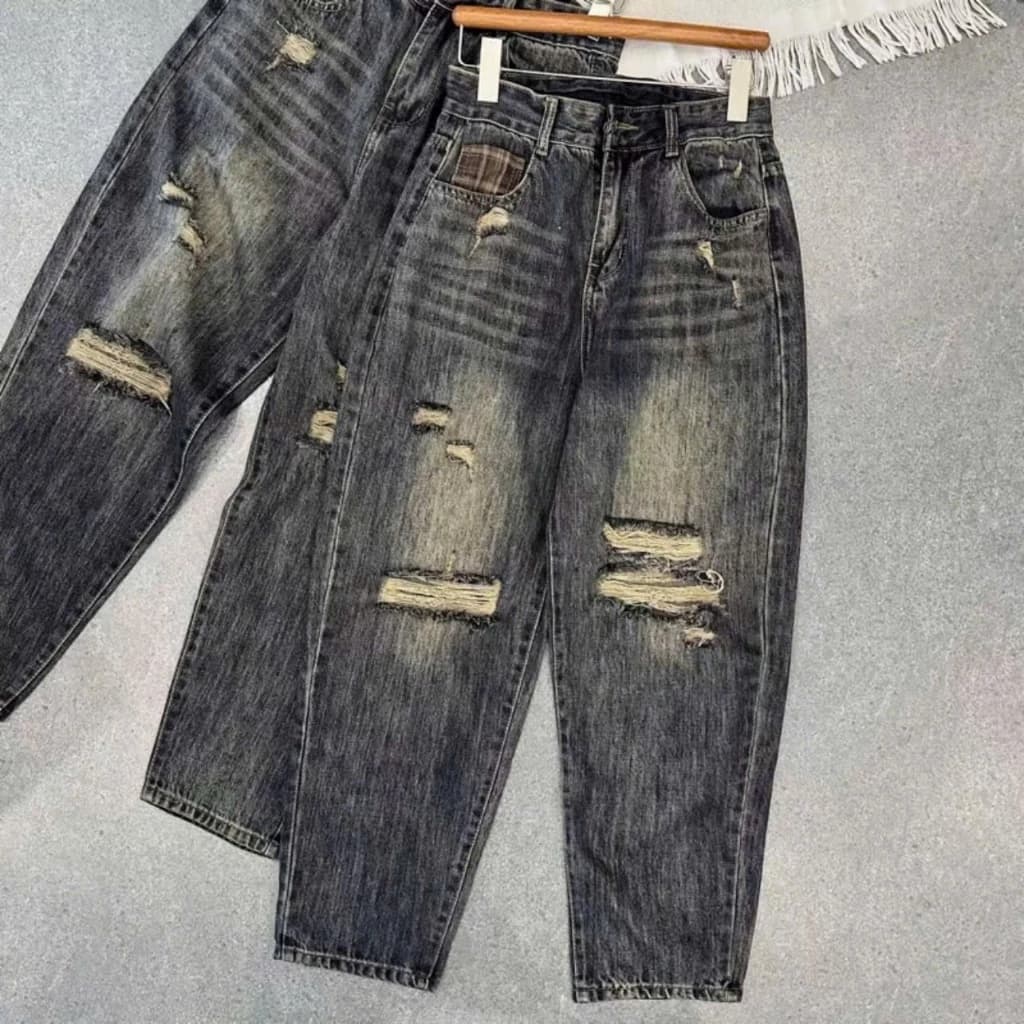 3589 BIGGSIZE Quần baggy nữ cap cao không giãn , quần jeans dáng thụng tạo kiểu túi kẻ cao cấp