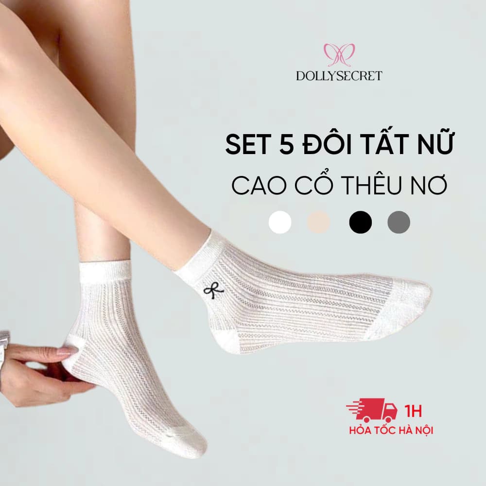 Set 5 Đôi Tất Nữ Thêu Nơ Mùa Hè DOLLYSECRET Vớ Mỏng Thoáng Khí Cao Cấp T02