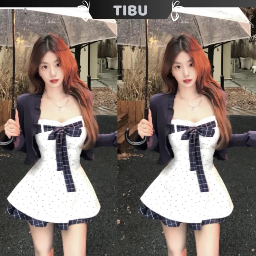 Set Đầm Quây Dáng Xoè Đính Nơ Phối Áo Khoác TIBU Set Đồ Nữ Xinh Xắn Đi Chơi Dạo Phố Thu Đông B665