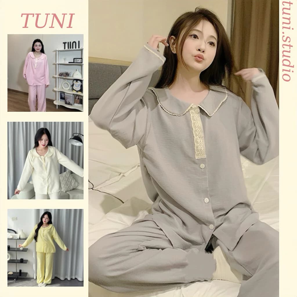 Bộ Đồ Set Ngủ Mặc Ở Nhà Đũi Mềm Cổ Sen Ren Phối Nẹp Cúc Tuni.studio CSDT01