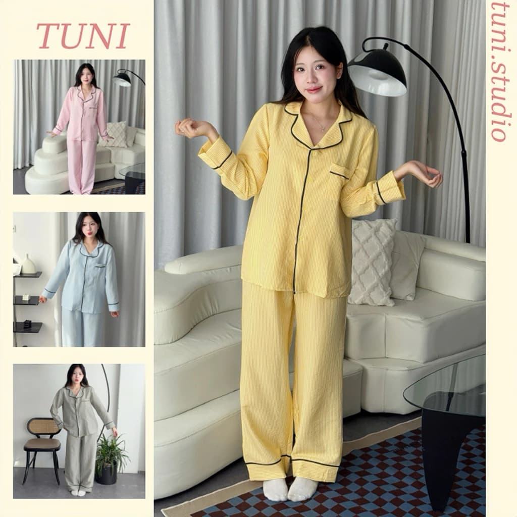 Bộ Đồ Ngủ Pijama Kẻ Sọc Áo Dài Quần Dài Phối Viền Xinh Tuni.studio PJMKS01