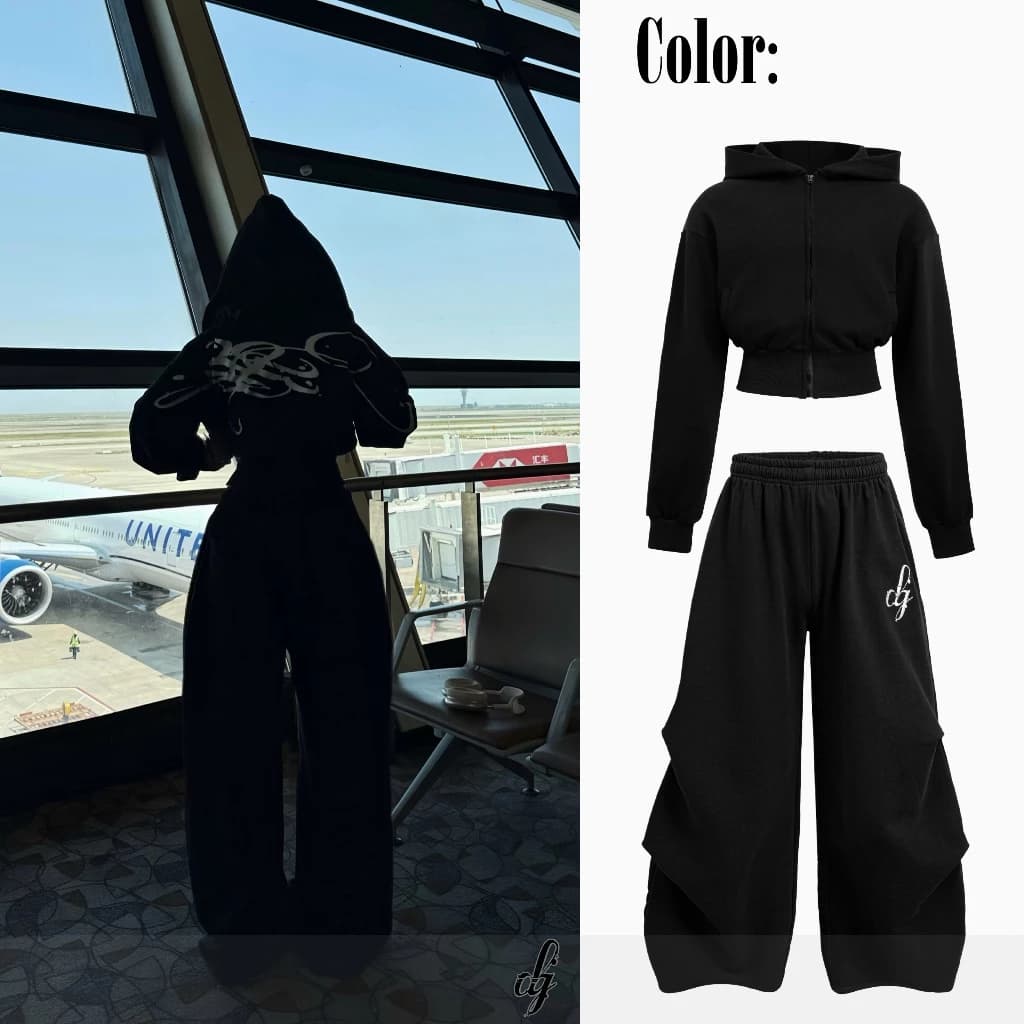 [ 𝐆𝐀𝐓𝐄 𝟐𝟑: 𝐀𝐋𝐋 𝐁𝐋𝐀𝐂𝐊 ] Áo khoác nỉ form crop basic 440GSM - Quần nỉ ống rộng, hack chân thêu logo DANEJI SS25, thu đông
