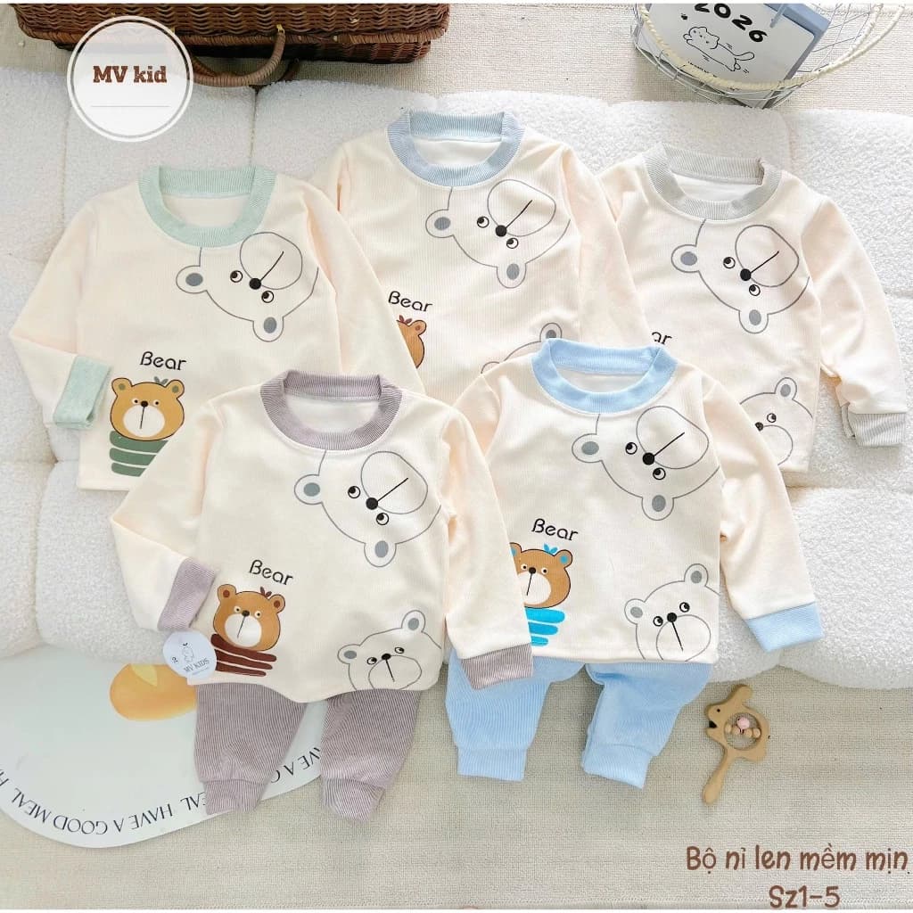 [Bộ Nỉ Len] Set 3-5 bộ dài tay chất nỉ len dày dặn ấm áp cho bé in hình gấu đáng yêu cho trẻ 3-13kg