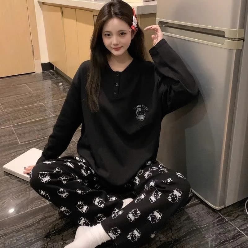 Set Áo Nỉ Cúc Cài Kitty Kèm Quần Jogger Nỉ Bông Dày Nam Nữ Form Rộng Mềm Ấm Phong Cách Hàn Quốc Hottrend Thu Đông