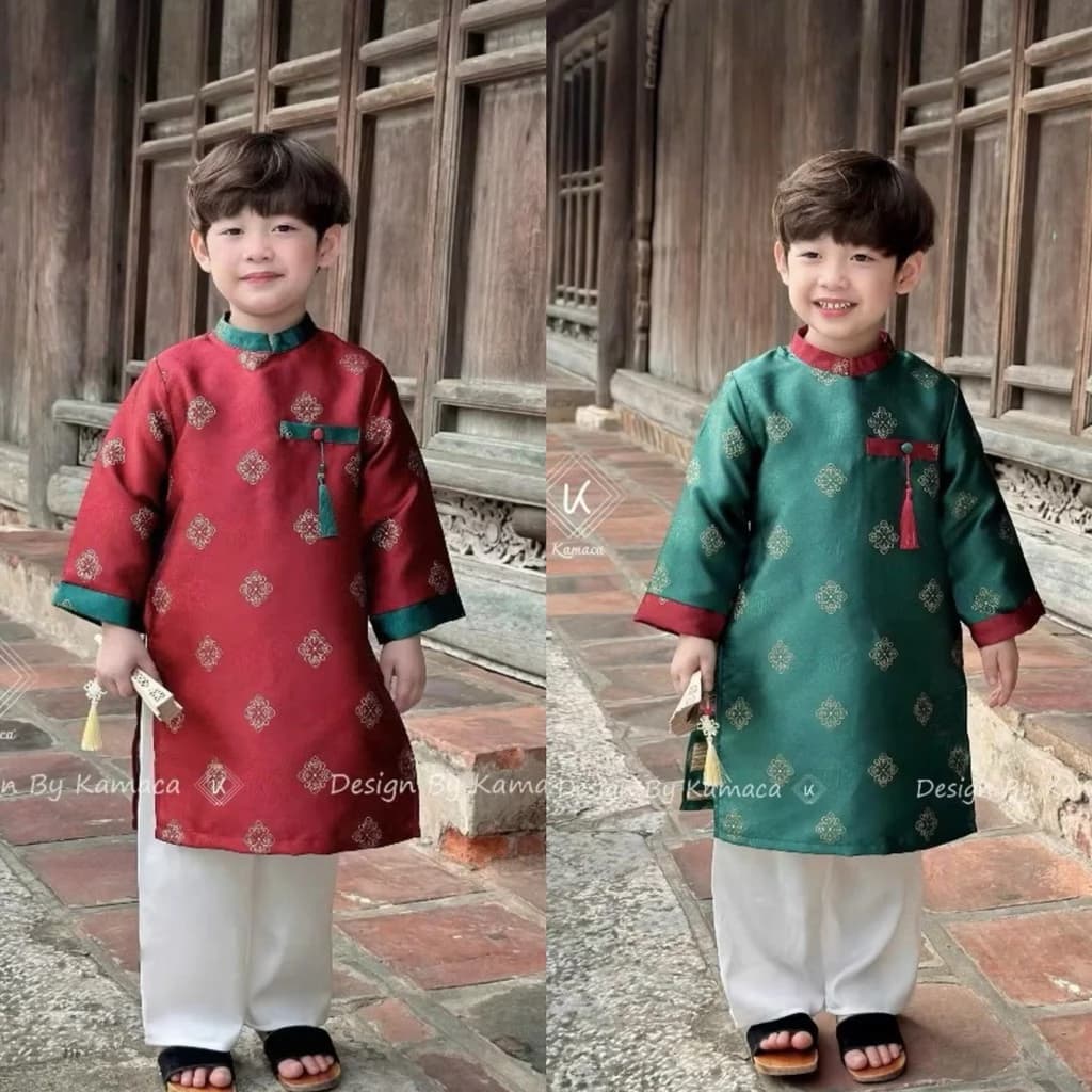 Áo dài cho bé trai 8-30kg kèm quần lụa trắng, áo dài cách tân cho bé trai mẫu mới 2026