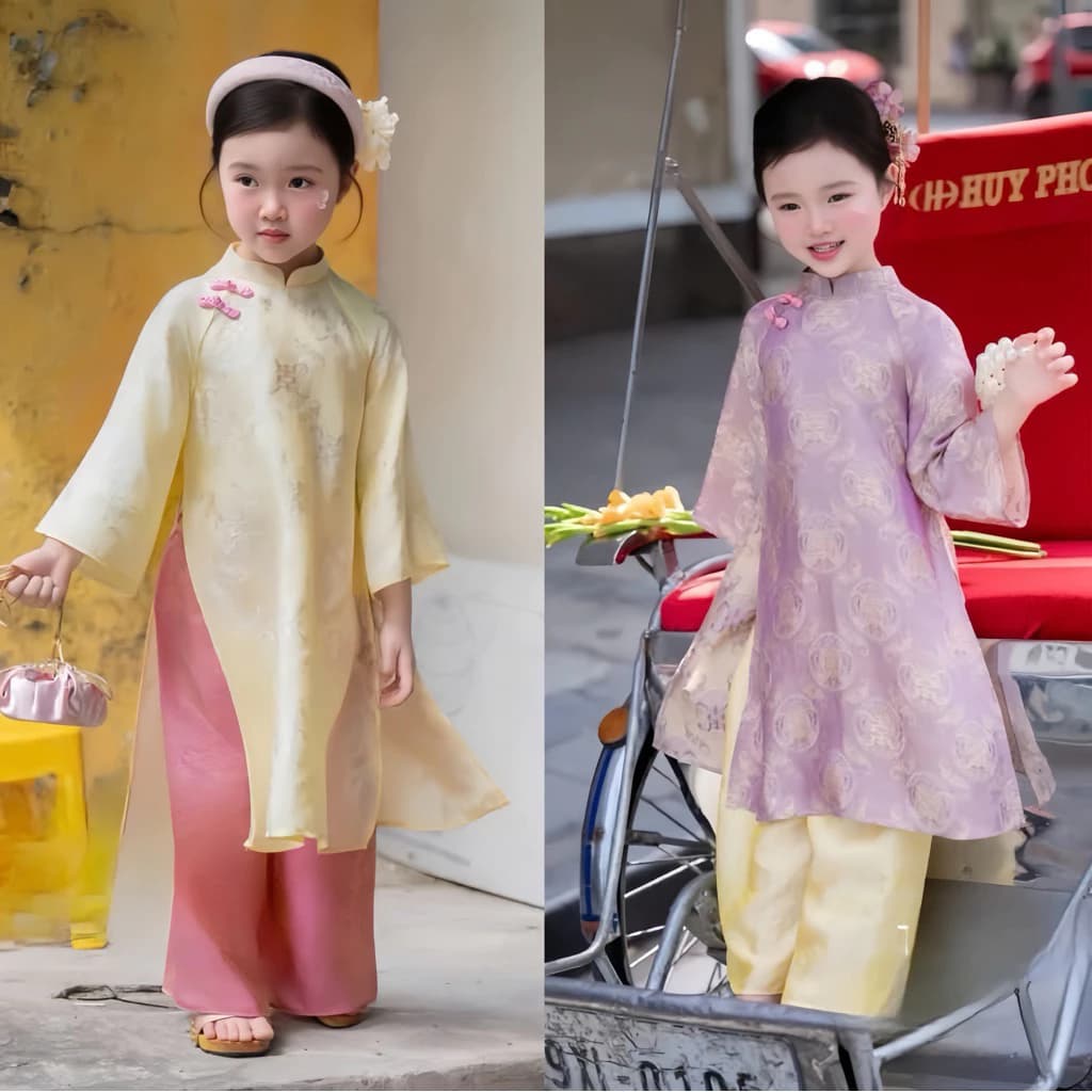 [SET 2 MÓN] Áo dài cách tân cho bé gái size 10-30kg,áo dài tết cho bé gái chất gấm lụa cung đình