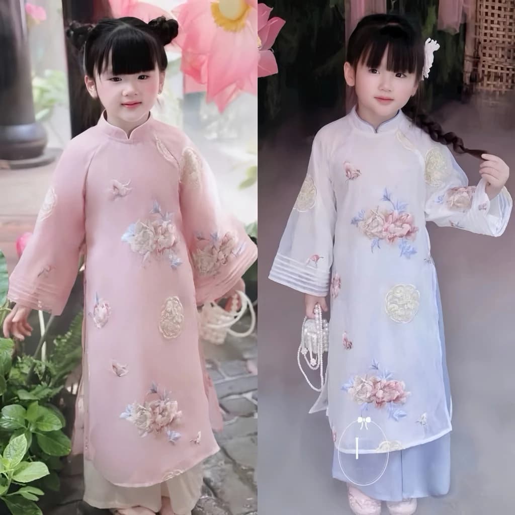 {Hàng May Kỹ} Áo dài cách tân bé gái 10-35kg hoa thêu cao cấp, áo dài tết bé gái chất tơ lụa mềm hoa thêu cao cấp