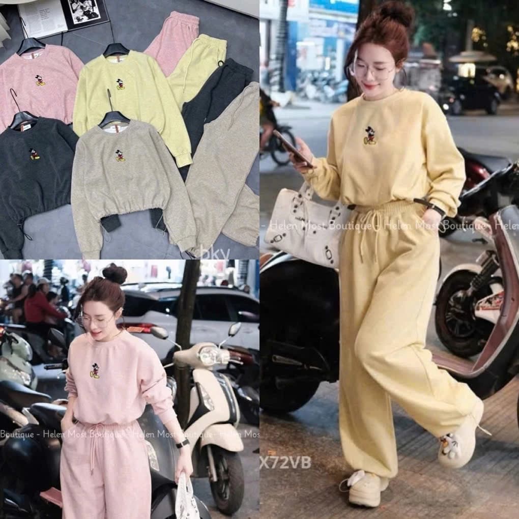Set Bộ Đồ Nữ Len Tăm Lông Thỏ Thêu Chuột Mickey Áo Dài Tay Dáng Lỡ Dây Rút Gấu Mix Quần Dài Ống Rộng Bo Chun Dây Gấu