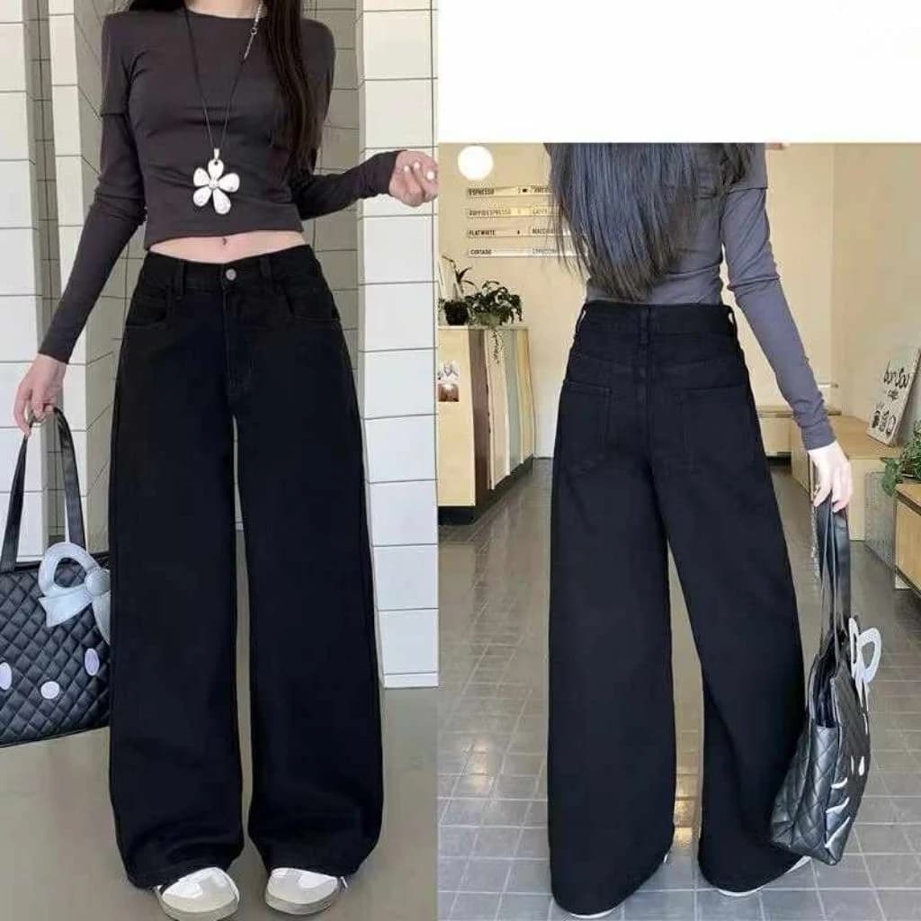 Quần jeans ống rộng đen trơn lưng cao tôn dáng dễ phối đồ