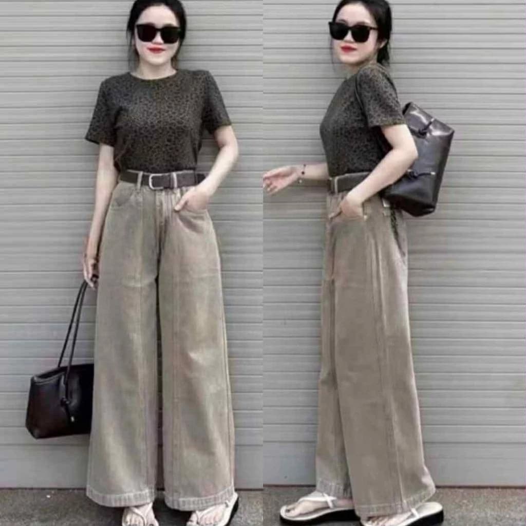 Quần jeans gân nâu tây gân giữa nổi bật gấu 3cm lưng cao phom ống rộng ôm eo hách dáng