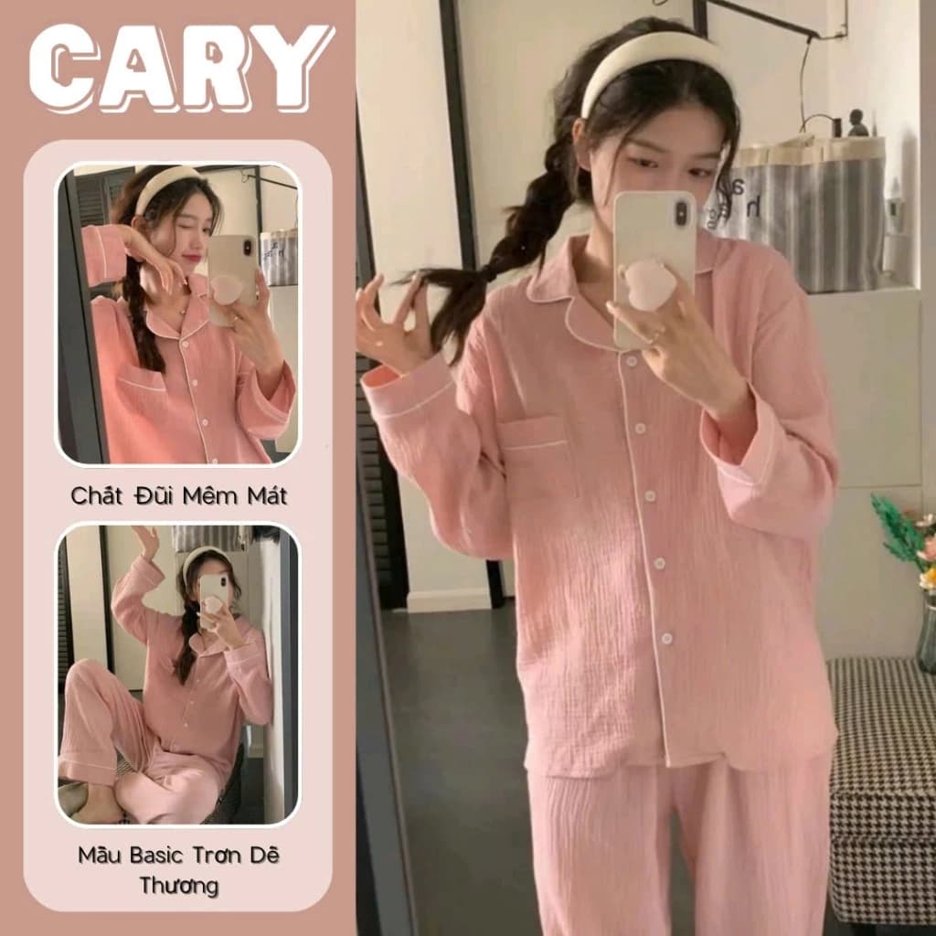 Đồ bộ mặc nhà pijama tay dài quần dài chất liệu xốp đũi gân cao cấp CÂRY
