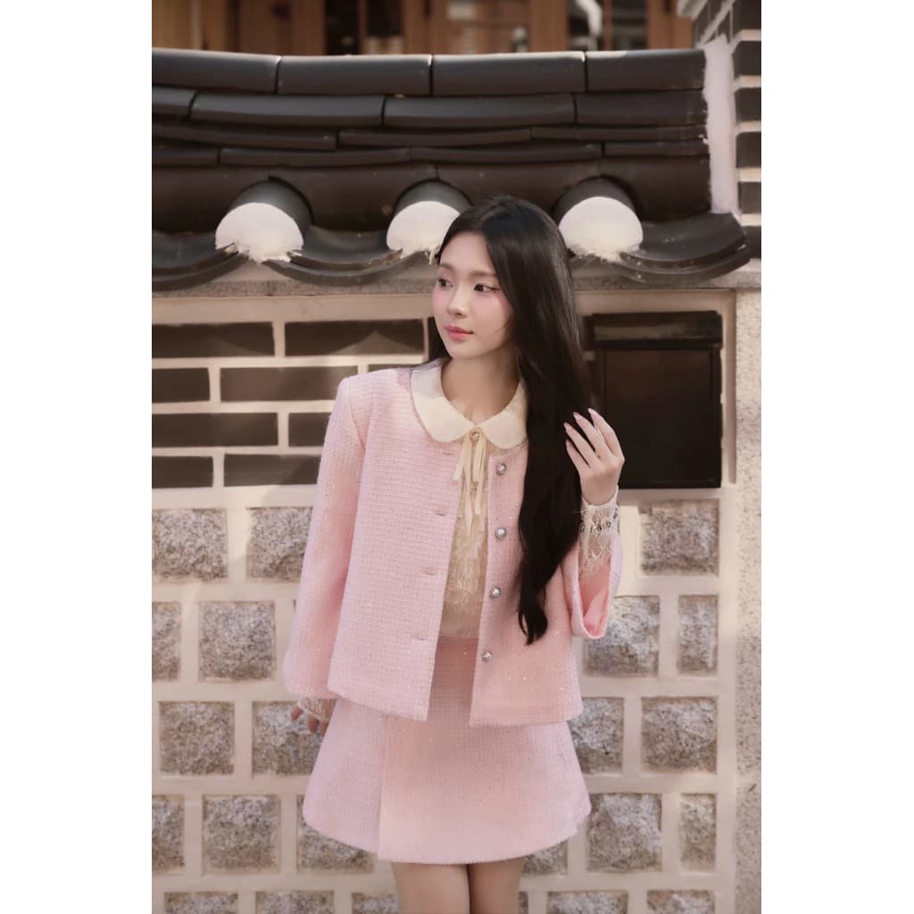 MISSY SET - Set Dạ Tweed Hồng Tay Xoè Tiểu Thư DTM Vải Tweed Mềm Mại Màu Hồng Sang Trọng