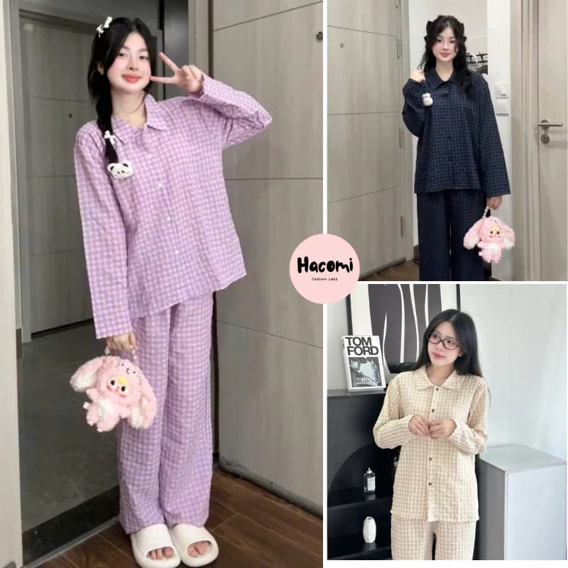 Đồ bộ mặc nhà cho nữ tay dài không viền in họa tiết dễ thương - Set đồ ngủ pijama caro mặc nhà chất mềm mịn