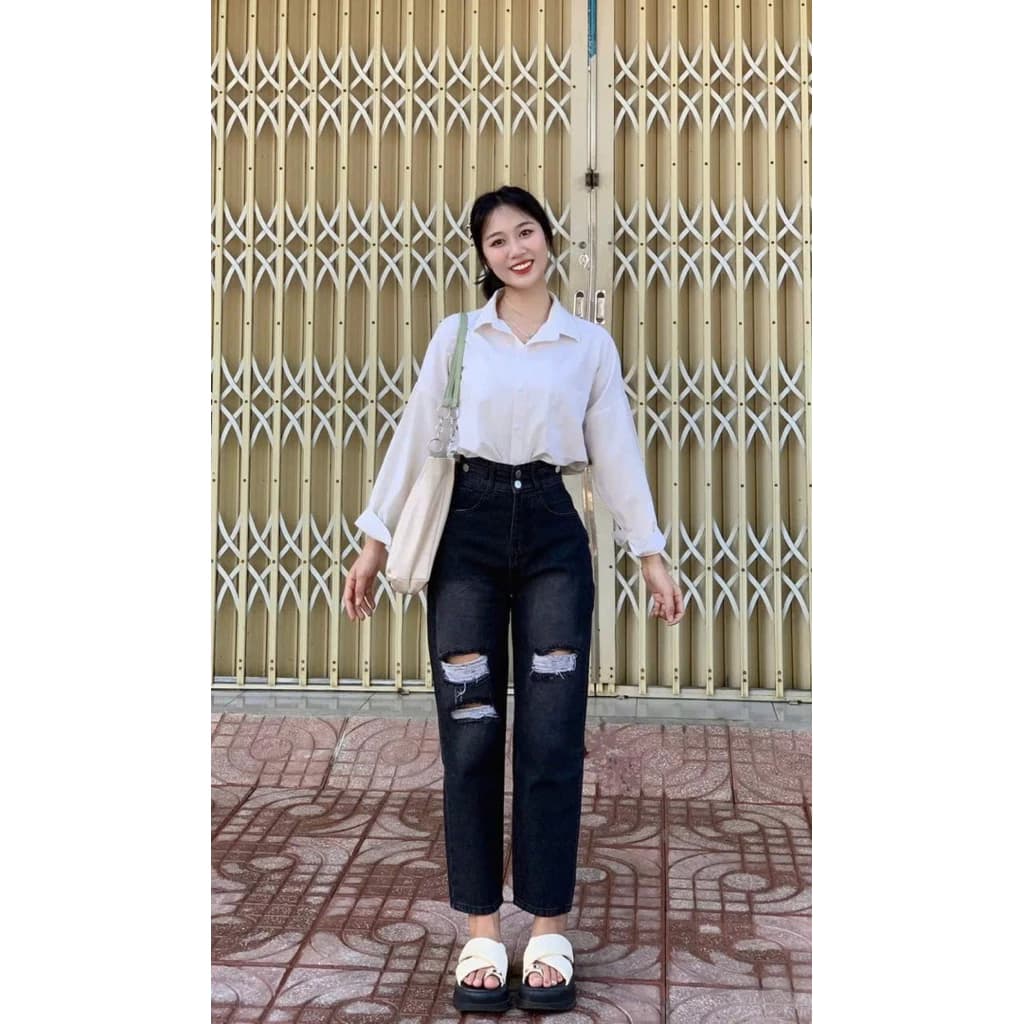 Quần baggy nữ ống đứng,Quần jean rách lưng siêu cao