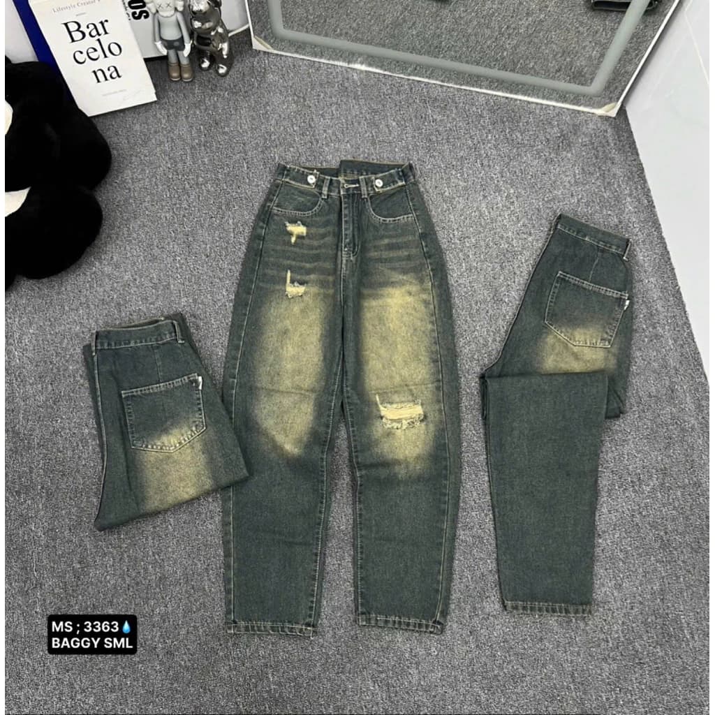 Quần jean baggy rách gối màu xanh bụi,Quần bò nữ cạp cao dáng boy