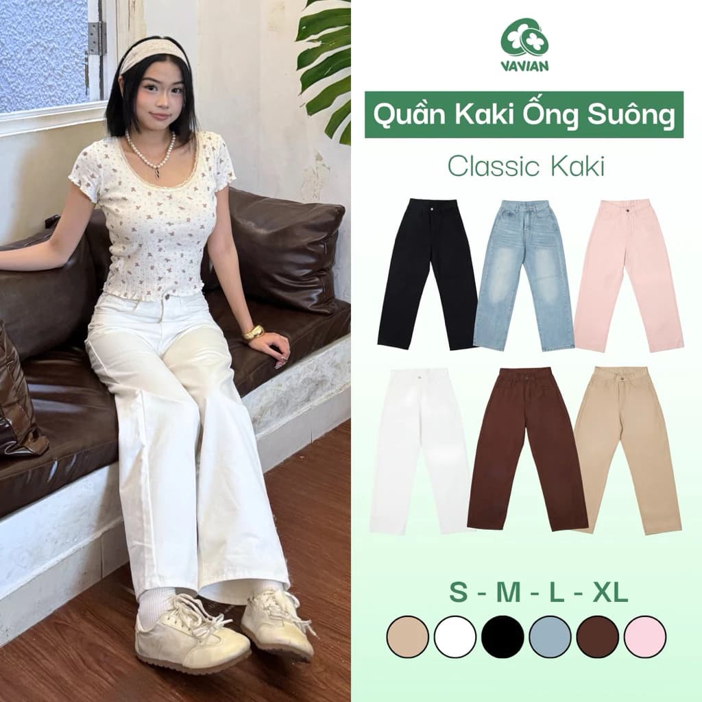 Quần kaki nữ ống rộng dáng suông, quần jean kaki nữ ống đứng cạp cao siêu hách dáng