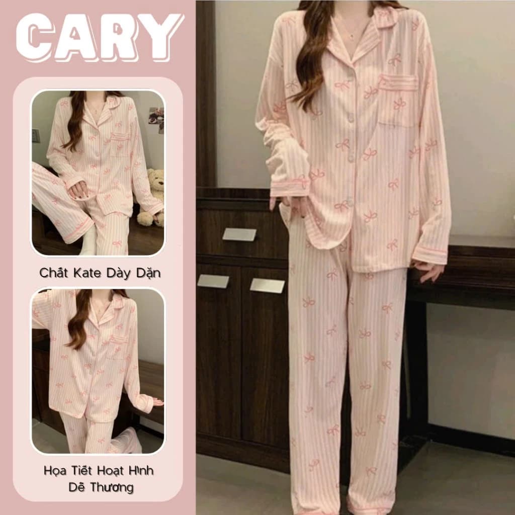 Bộ pijama tay dài sọc nơ cho cô gái ngọt ngào, phong cách Hàn Quốc,trang phục thường ngày dễ mặc CARY