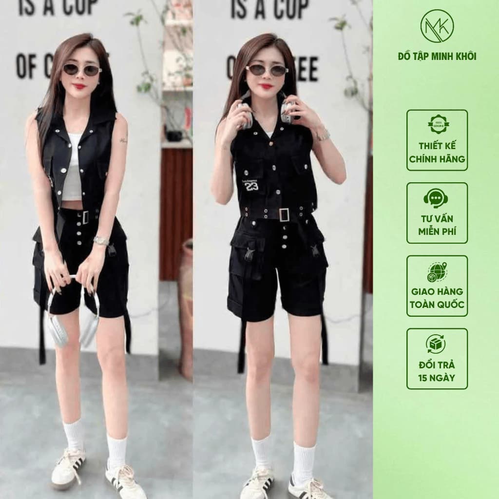 Bộ Độ Tập Nhảy Dân Vũ, Đồng Phục Hội Nhóm, Áo Ba Lỗ Túi Hộp, Quần Short Kaki Mềm Có Thắt Lưng
