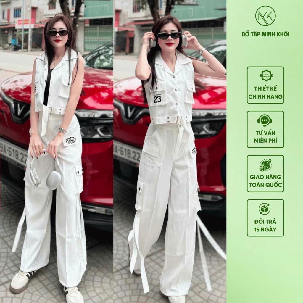 Bộ Độ Tập Nhảy Dân Vũ, Đồng Phục Hội Nhóm, Áo Gile Ba Lỗ, Quần Dài Ống Rộng Túi Hộp Kaki Mềm
