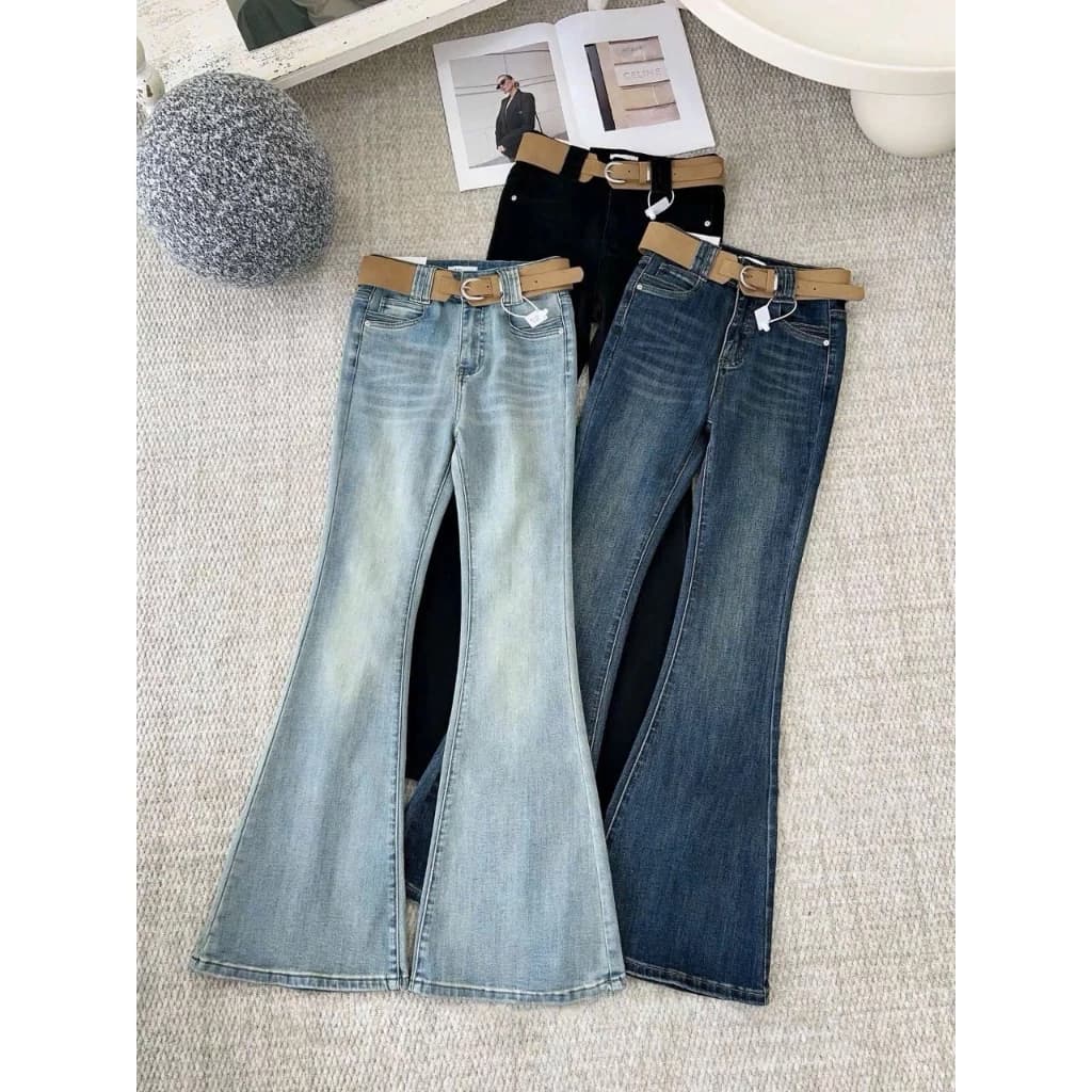 Quần Jean Wash Ống Loe 3 Màu Dáng Dài Ống Loe Nữ Tính Thời Trang