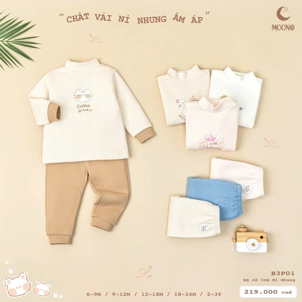 Bộ thu đông chui đầu giữ nhiệt  MOON vải nỉ nhung siêu ấm mềm mịn, co giãn cổ 3cm cho bé trai, bé gái cổ 3 phân