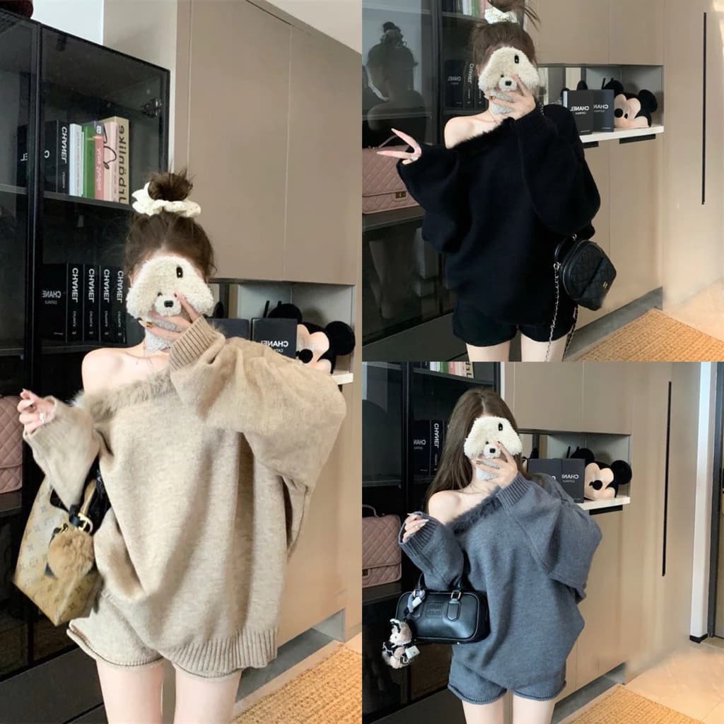 𝐂𝐡𝐚𝐫𝐥𝐨𝐭𝐭𝐞.𝐨𝐝_ Set Áo Len Lệch Vai Phối Lông + Quần Short Mềm Mại Hàng QCCC