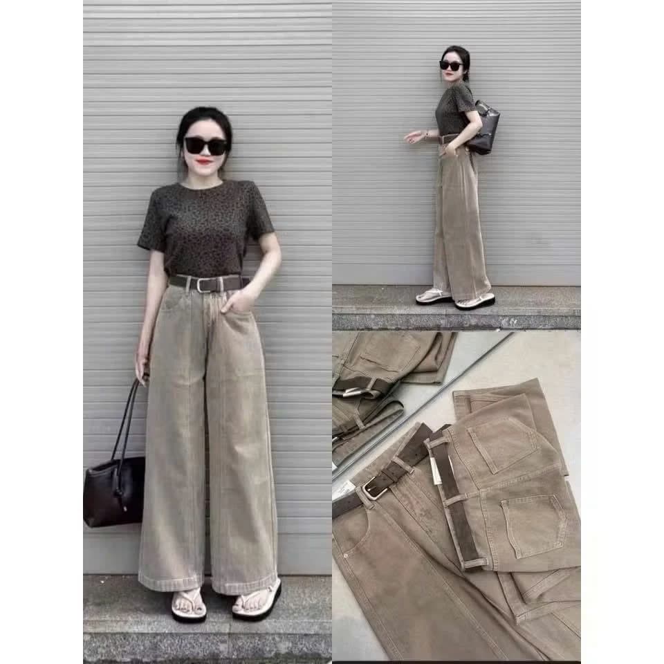 Quần Bò Jeans Nữ Lưng Cao Ống Suông Rộng – Phối Line Nâu Tây, Chất Denim Mềm Cao Cấp