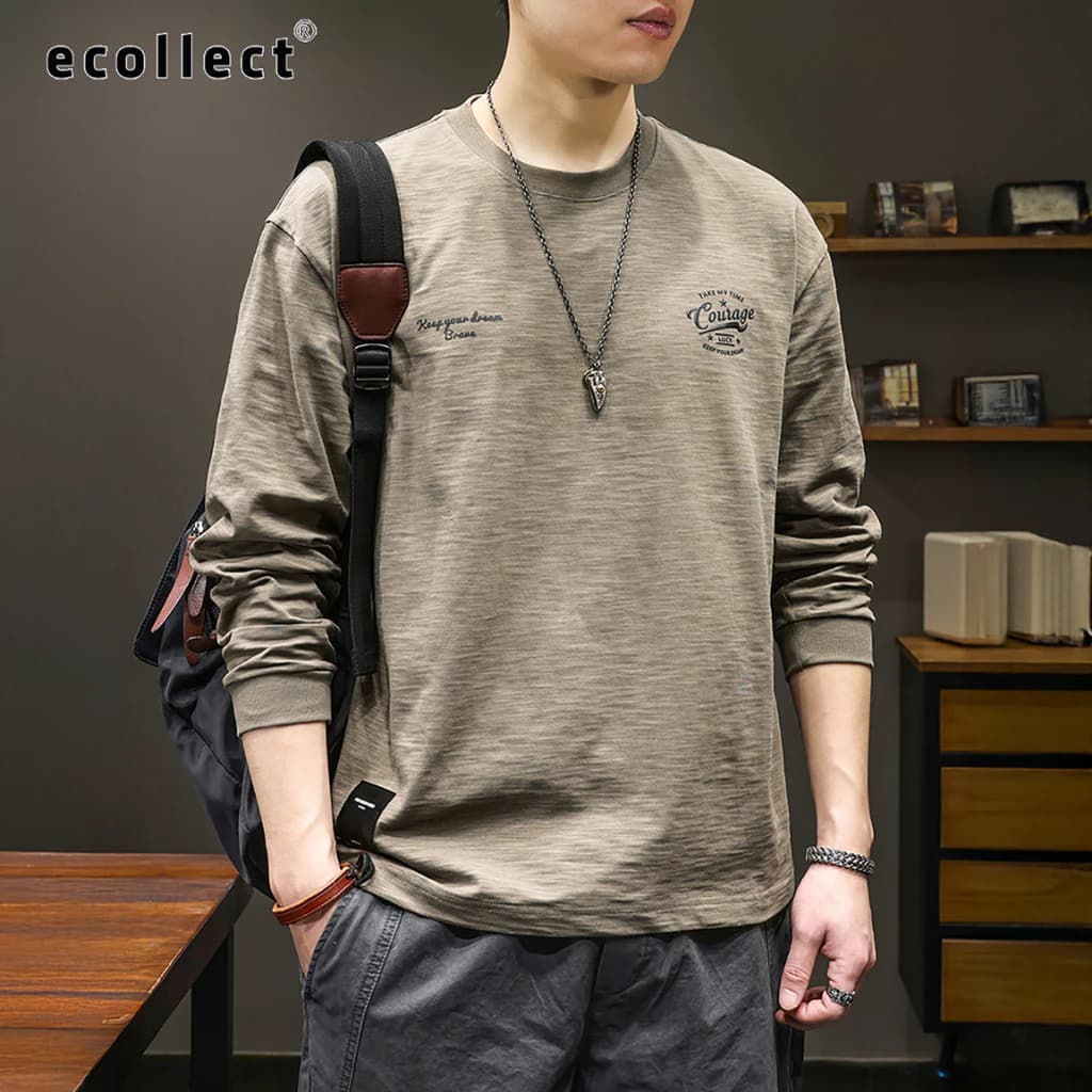 Áo thun dài tay nam ECOLLECT LT02 cotton xước 300g form rộng, hoạ tiết in nổi 3D, áo phông tay dài basic