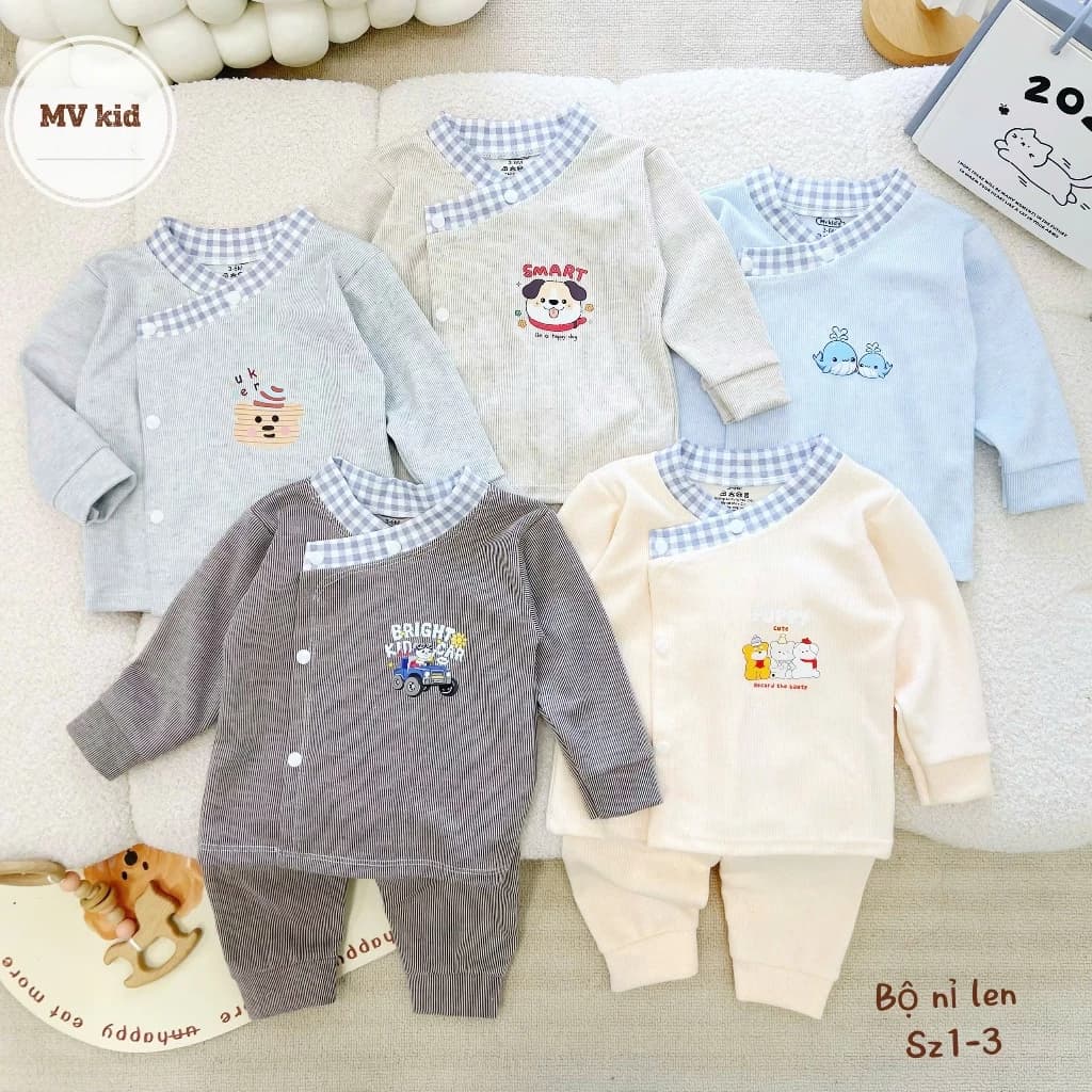 [Loại Đẹp] Set 3-5 Bộ Dài Tay Cúc Chéo Vuông Chất Nỉ Len Ấm Áp In Hoạ Tiết Xinh Cho Bé 0-9 Tháng