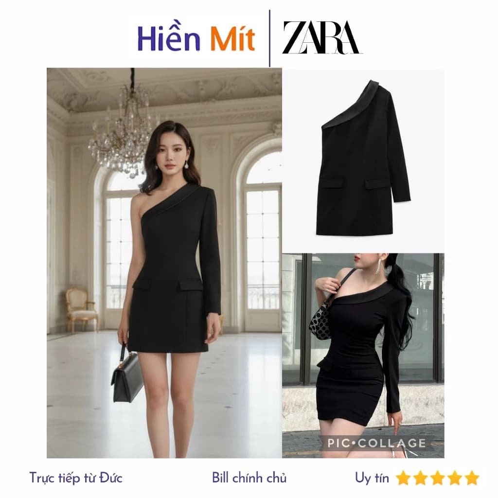 (Size XS, S, M) ZARA Đức - Đầm body ngắn lệch vai một tay dài vest blazer dự tiệc màu đen sale auth new tag