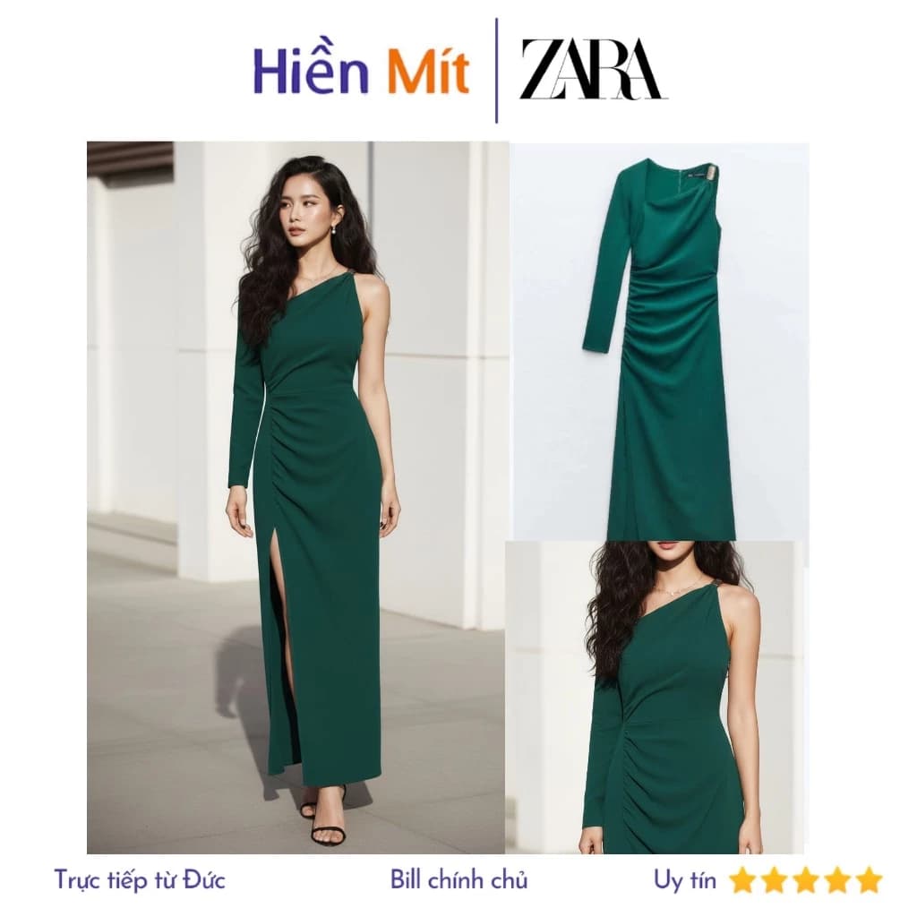(Size XS, S) ZARA Đức - Đầm midi dài tay lệch vai ếp nhún eo xẻ tà xanh lá ôm body sale auth new tag cao cấp dự tiệc sẵn