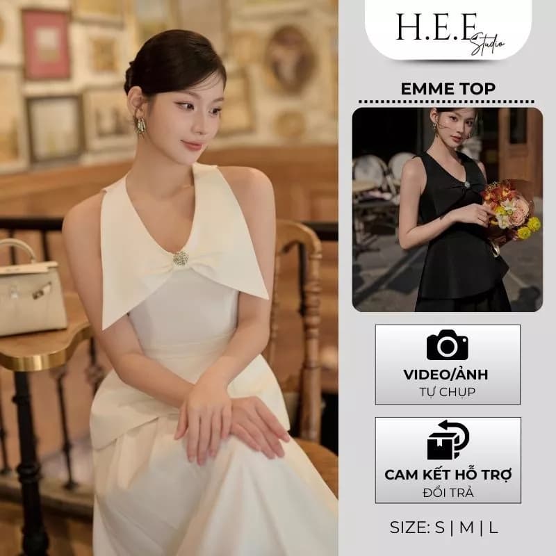 H.E.E - Áo nữ Emme Top thiết kế cổ nơ đính đá cao cấp sang chảnh, dễ phối đồ