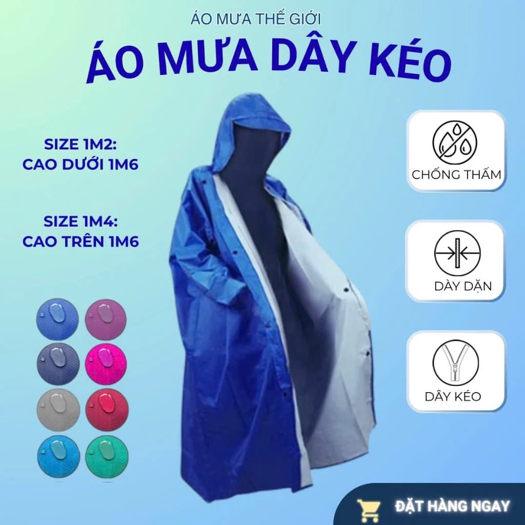 Áo Mưa Bit Dây Kéo Trước Chất Liệu Vải Dù Tổ Ong,Da Cá Cao Cấp, Hàng Chất Lượng Cao Size 1m2-1m4