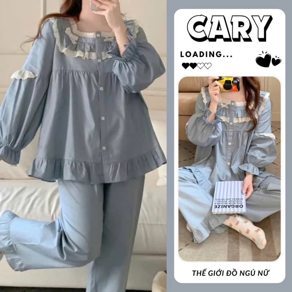 Đồ bộ ngủ nữ pyjama tay dài quần dài đồ bộ mặc nhà xinh chất đũi gân mềm mát cổ vuông phối ren tiểu thư sang chảnh CARY