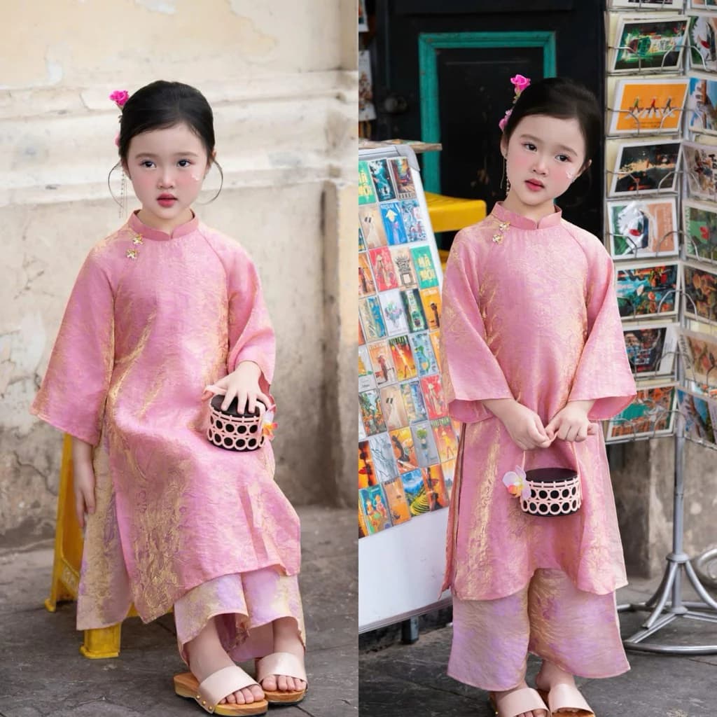 Áo dài cách tân cho bé gái kèm quần sz 10-35kg, Set áo dài tết cho bé gái màu hồng 2 tà