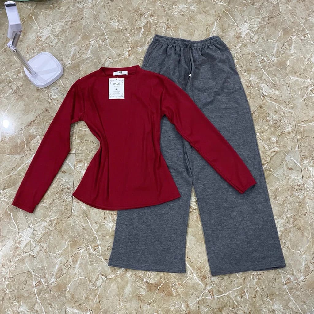 Sét bộ áo tăm dài tay mix quần suông da cá có túi 35-55 kg
