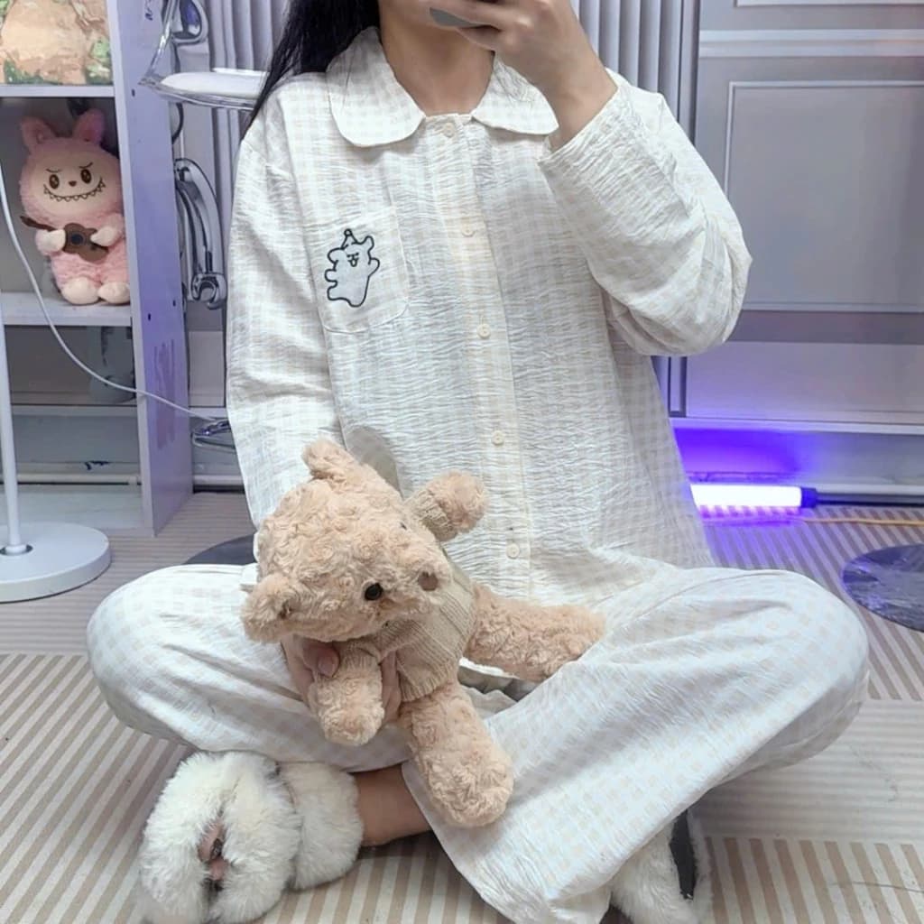 Bộ pijama cho nữ tay dài in hoạt hình gấu túi ngực Hacomi - Đồ bộ mặc nhà chất xốp mềm mịn