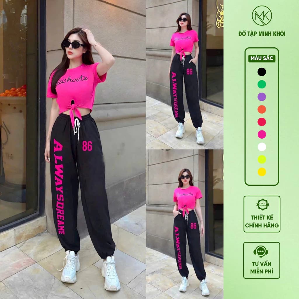 Bộ Độ Tập Nhảy Dân Vũ, Đồng Phục Hội Nhóm, Áo Croptop Buộc Dây, Quần Dài Gấu Bo Chun Cao Cấp