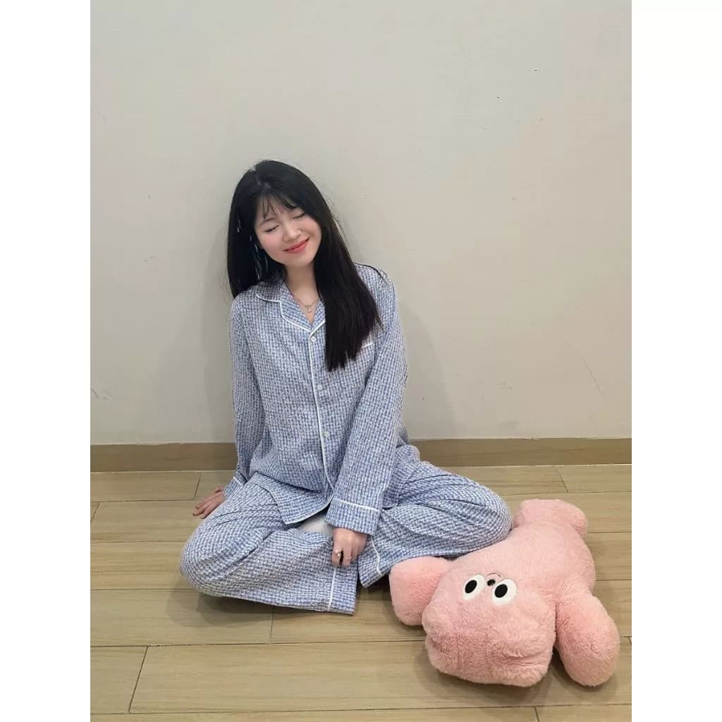 Pyjama hoa nhí màu xanh caro tím - Chất vải xốp nhún - Đồ ngủ nữ, đồ mặc nhà