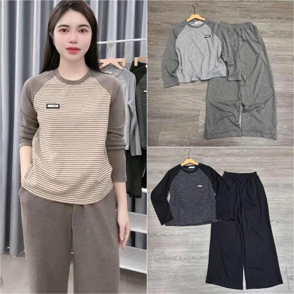 2026. [SÉT TAG BEST] Sét áo nỉ lông kẻ phối tay+ quần suông dài. Đủ size SMLXL 40kg- 70kg