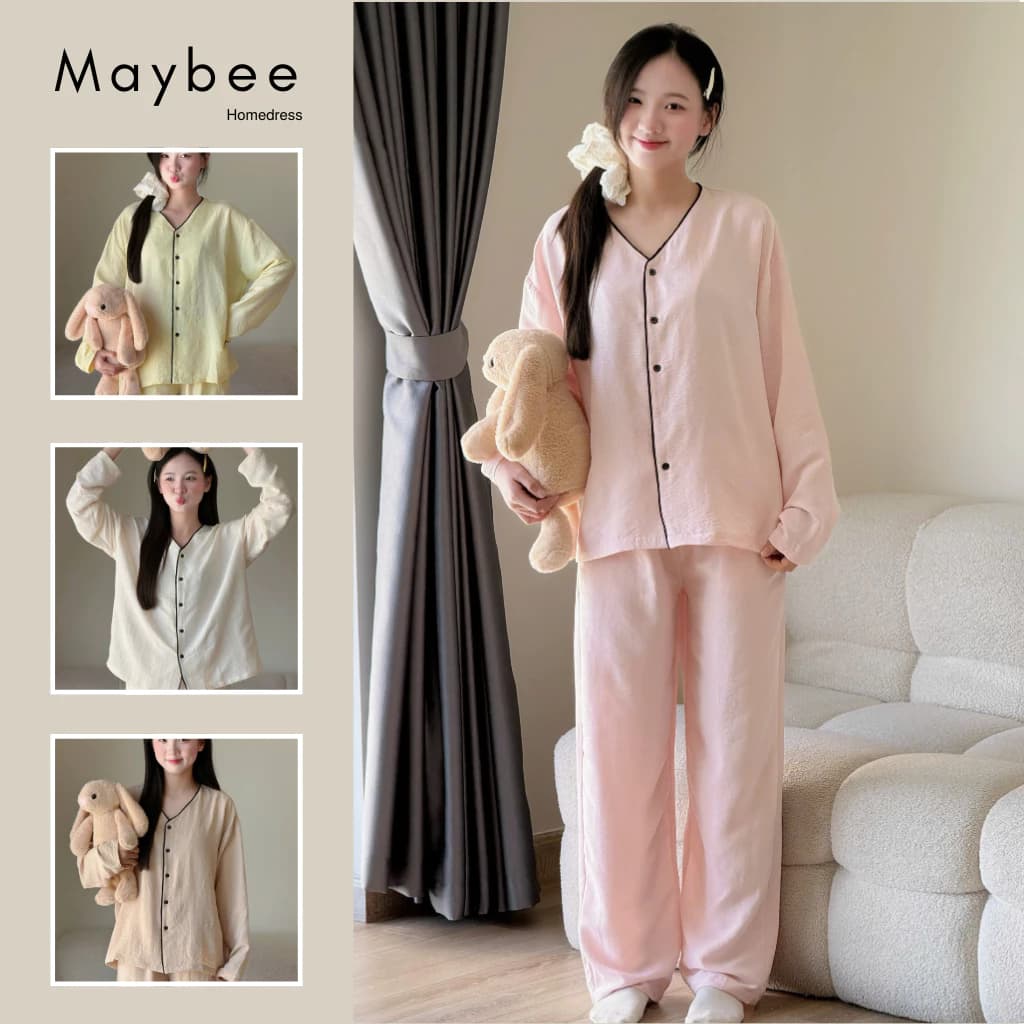 MB-SET-019 Bộ Đồ Ngủ Cổ V Đơn Giản Viền Né Trơn Maybee Homedress